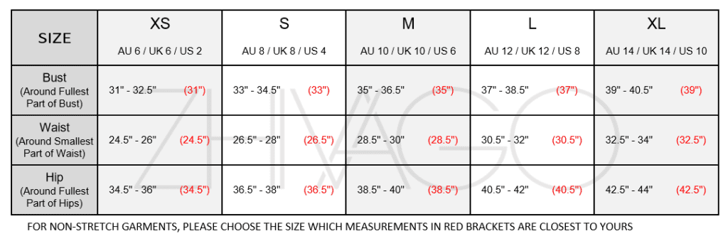 Size Chart Inches Length